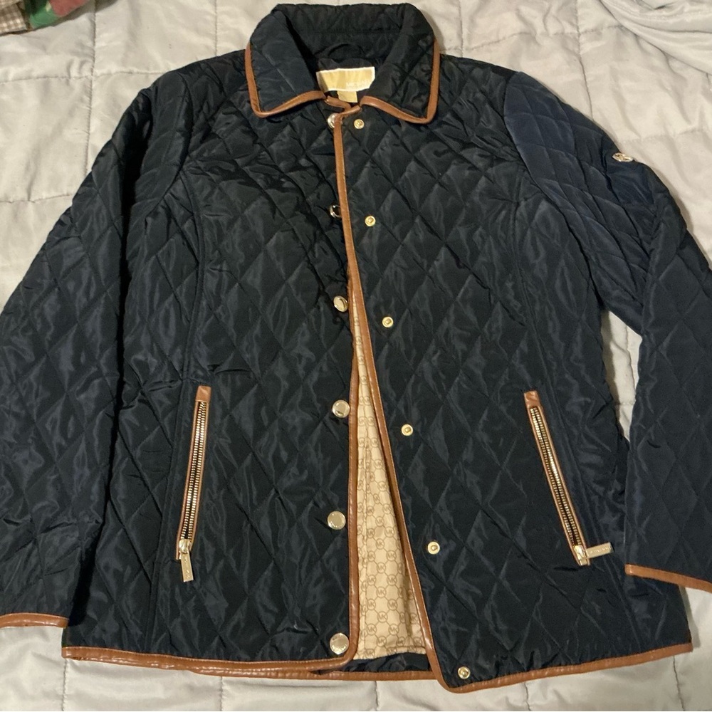 Michael Kors Black Quilted Jacket with Tan Trim